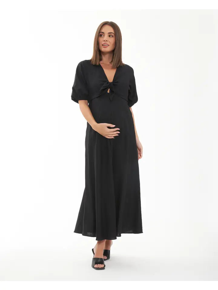 Camille Tie Front Linen Dress Black