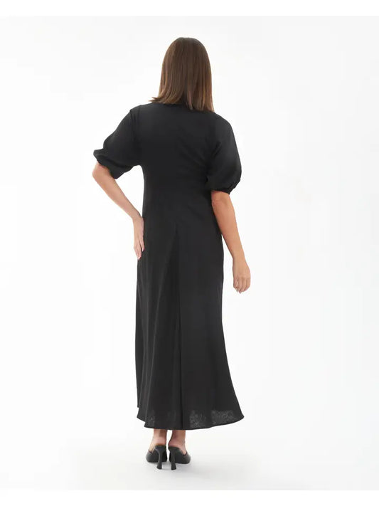 Camille Tie Front Linen Dress Black